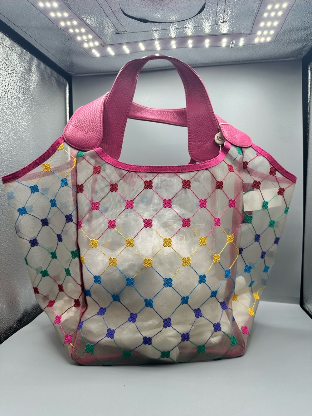Cruciani Pink-Trim Sheer Tote with Multi-Color Embroidery